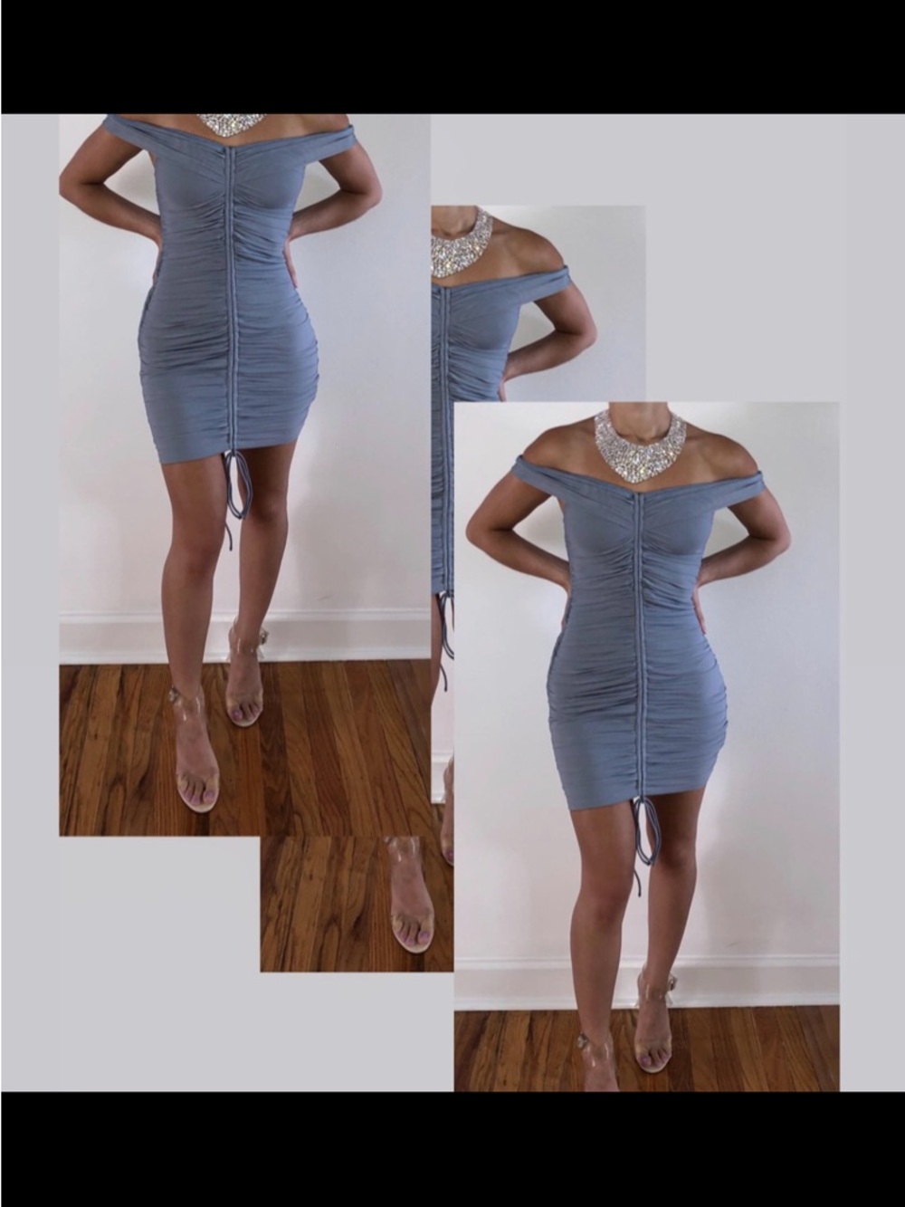 Off-Shoulder Ruched Bodycon Dress in Dusty Blue